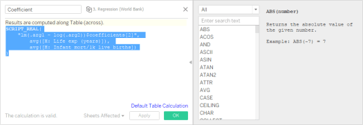 Tableau and R Integration final output of an linear regression model